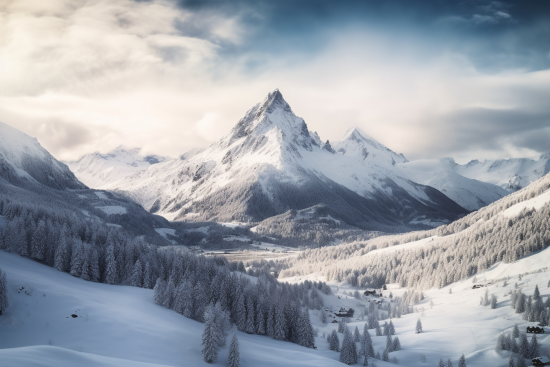 A snowy mountain range with trees and a house