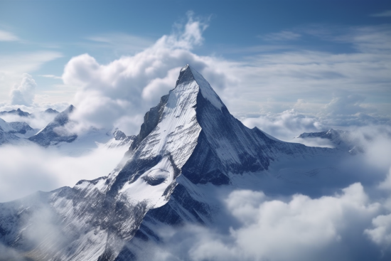 A mountain with snow and clouds