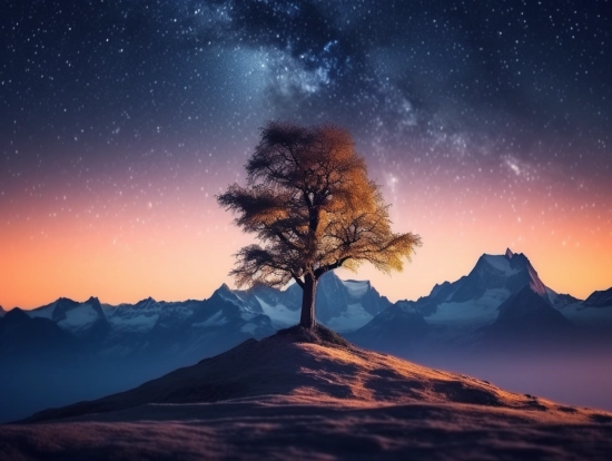 A tree on a hill with mountains in the background