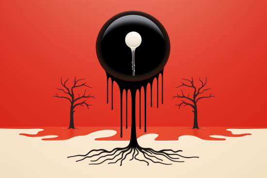 A black circle with white ball and roots