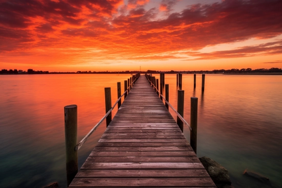 A dock with a sunset in the background