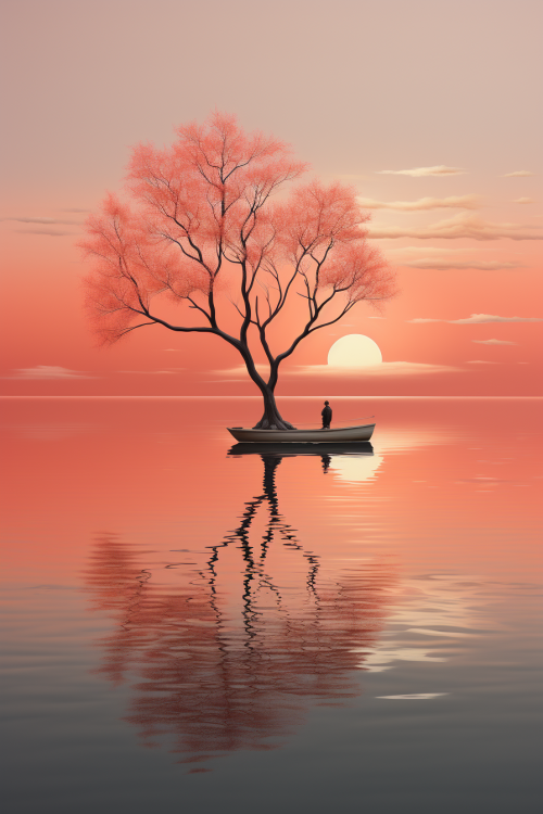 A person in a boat on water with a tree in the back