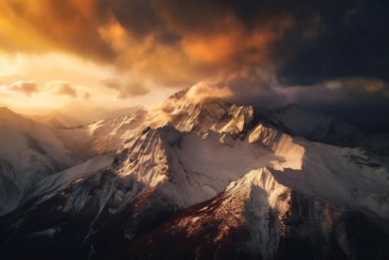 A snowy mountain tops with clouds in the sky