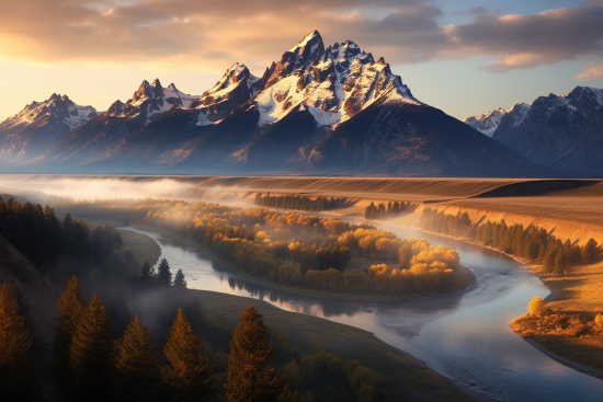 A river running through a valley with trees and mountains in the background