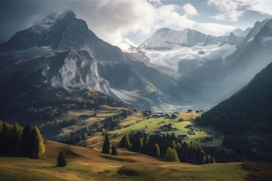 A landscape of mountains and a village