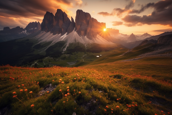 A mountain range with flowers and a sunset