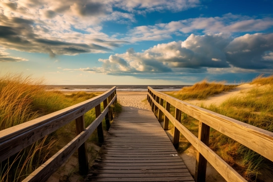 A wooden walkway leading to a beach