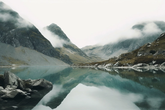 A body of water with mountains in the background