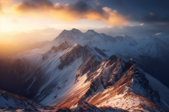 A snowy mountain tops with sun shining through clouds