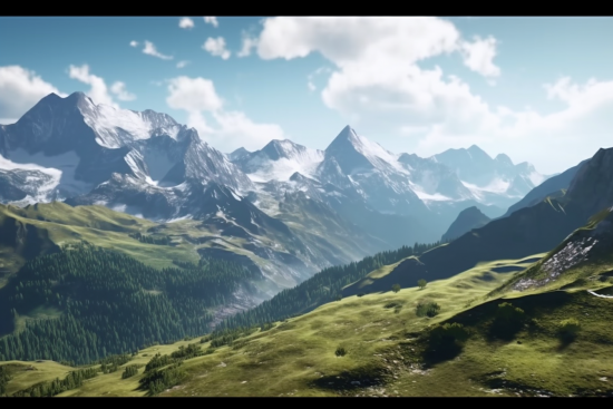 A green valley with mountains and trees