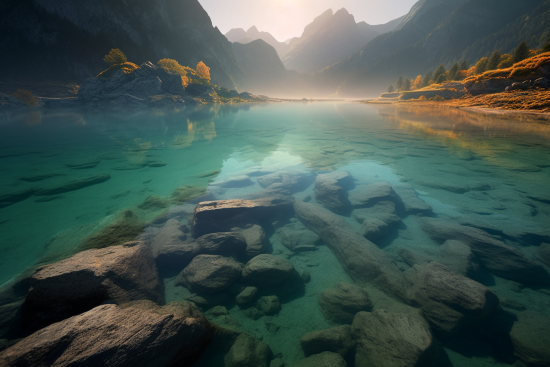 A body of water with rocks and mountains in the background