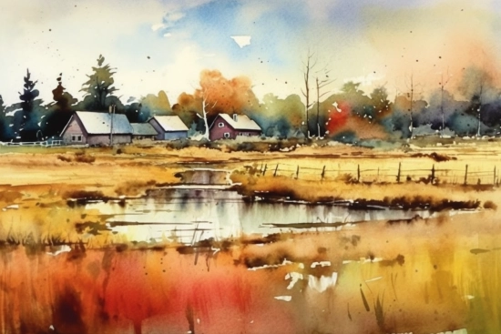 Watercolor painting of houses and a pond in a field