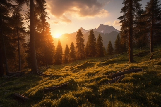 A grassy hill with trees and mountains in the background
