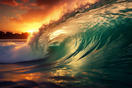 A wave with sun setting behind it