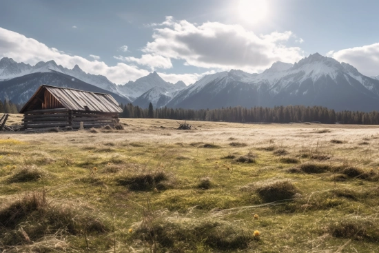A field with a wooden building in the background