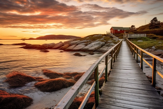 A wooden walkway leading to a house on a rocky beach