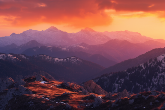 A mountain range with snow and a sunset