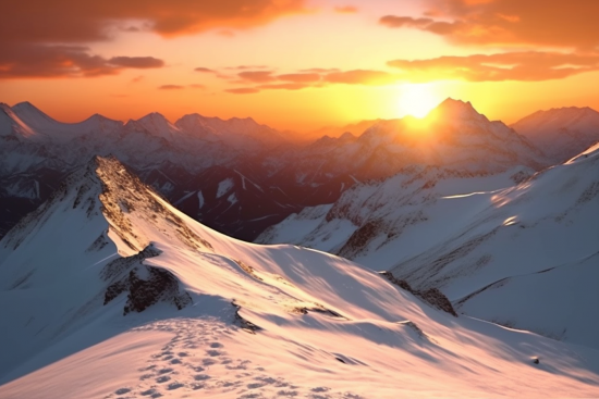 A mountain range with snow and sun setting
