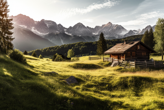 A house in a grassy field with mountains in the background