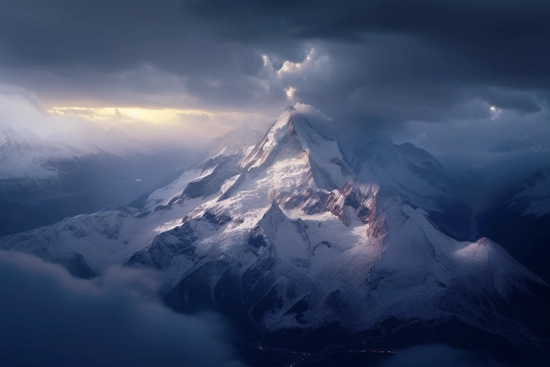 A mountain with snow and clouds