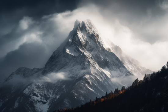 A snowy mountain with clouds and trees