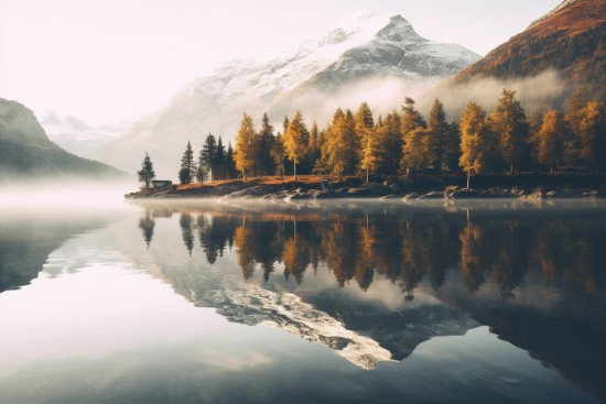 A lake with trees and mountains in the background