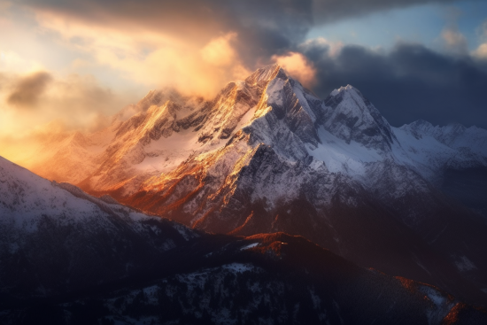 A snowy mountain with clouds in the sky