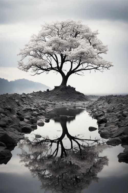 A tree with white blossoms on a rocky hill