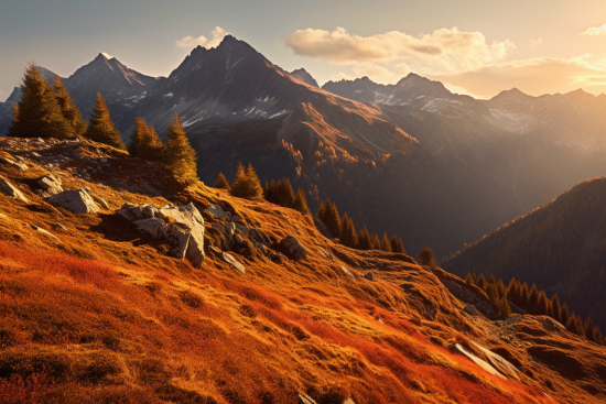 A mountain range with trees and rocks