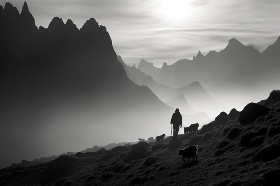 A person with dogs on a mountain