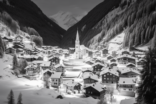 A town with a steeple and mountains in the background