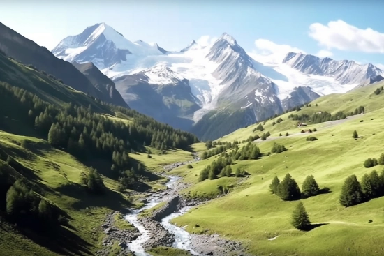 A river running through a valley with trees and mountains