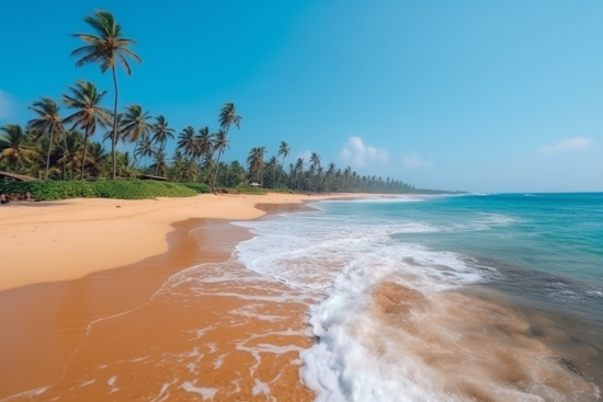 A beach with palm trees and waves