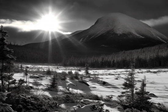 A snowy landscape with a mountain and sun
