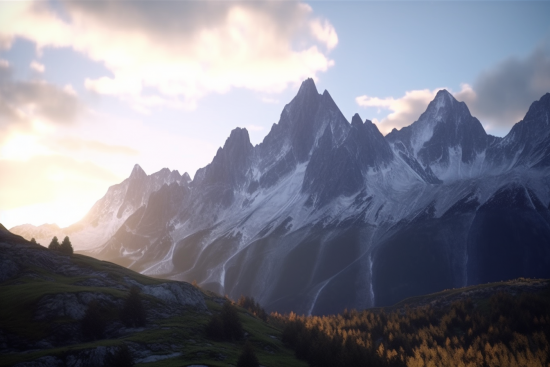A mountain range with snow and trees