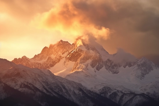 A snowy mountain with clouds