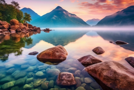 A lake with rocks and mountains in the background