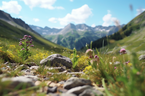 A rocky mountain side with flowers and rocks