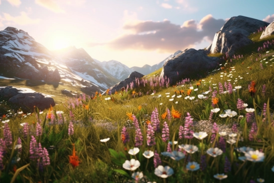 A field of flowers and rocks in a mountain