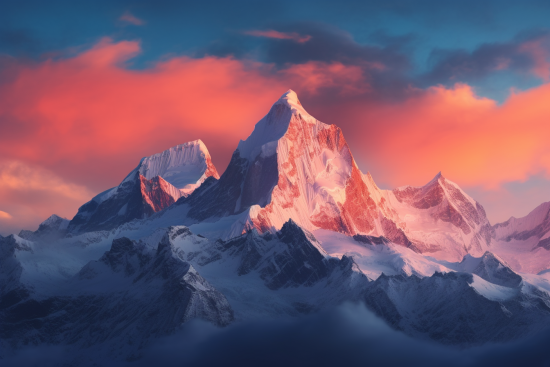 A snowy mountain tops with clouds and a sunset