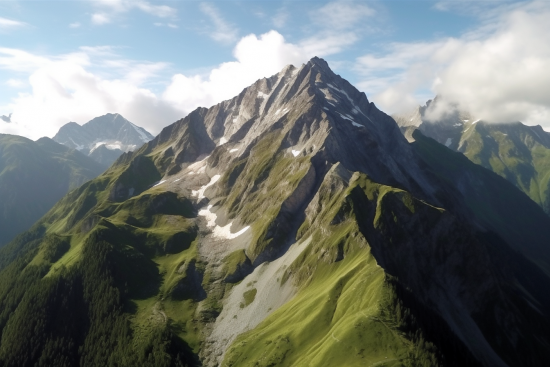 A mountain range with green grass and clouds