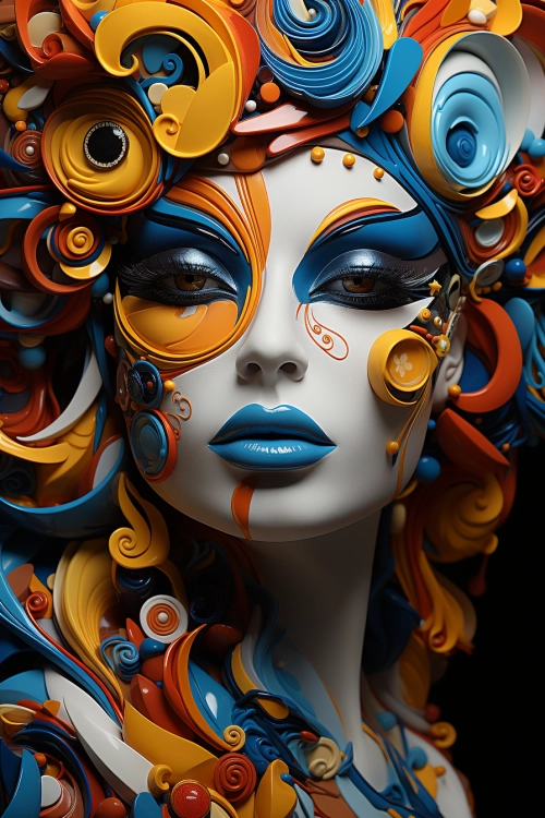 A mannequin with colorful hair and makeup