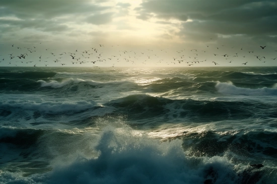 A group of birds flying over waves