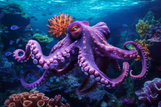 A purple octopus swimming in water
