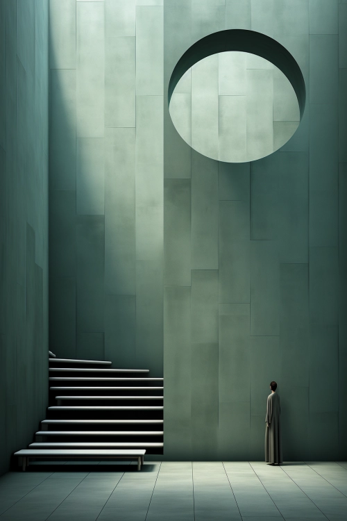 A person standing in a room with stairs and a circular window