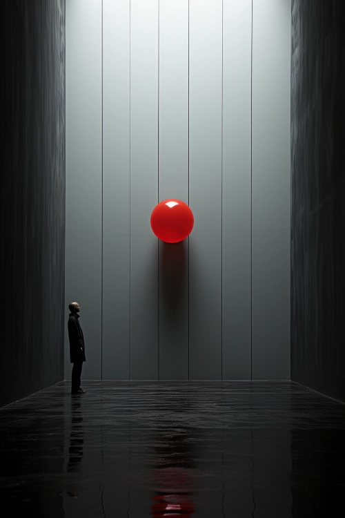 A man standing in a dark room with a red ball