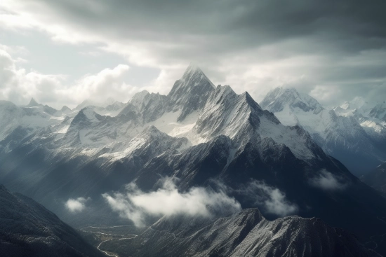 A snowy mountain tops with clouds
