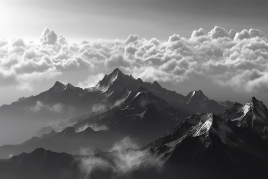 A mountain range with clouds