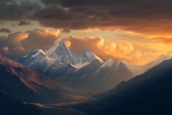 A mountain range with snow and clouds
