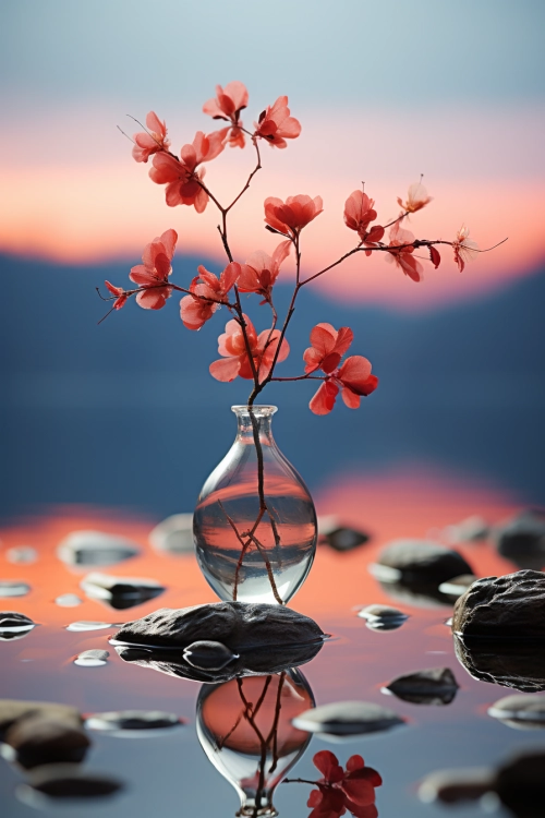 A vase with pink flowers in water